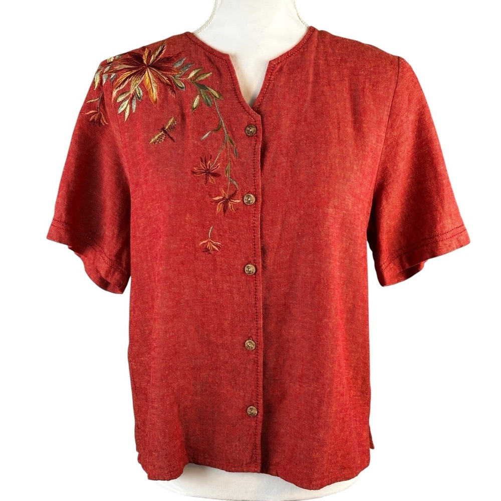 Vintage Koret Womens Blouse Medium‎ Embroidered Flowers Linen Rust Grannycore